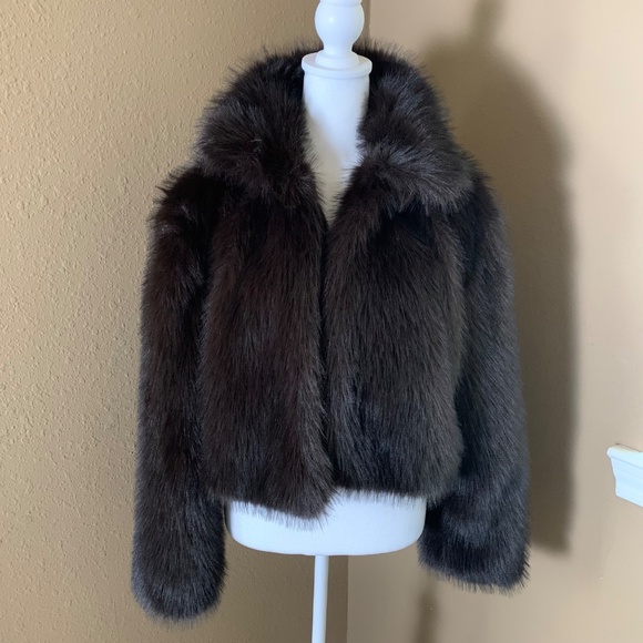 H&M Divided Faux Fur Jacket Coat Brown Black Size M NWT - Picture 2 of 11